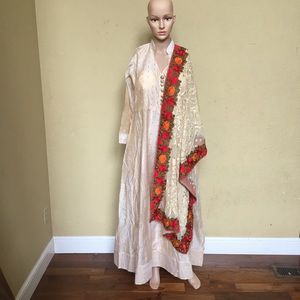 Golden Anarkali Dress with Red Rose Stole